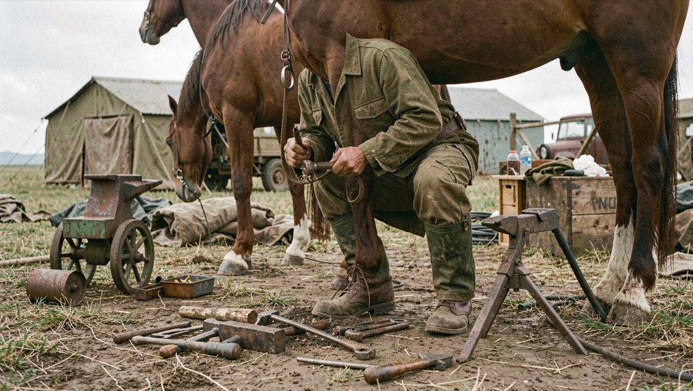 Army farrier shoeing a draught horse beside a portable field forge and tools