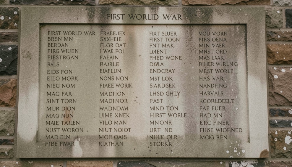 Weathered stone war memorial panel listing First World War names in uneven rows