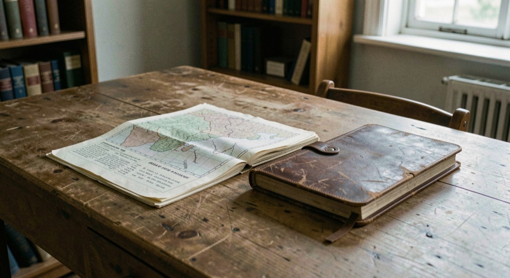 A service record, folded map and worn leather notebook arranged on a quiet archival reading table
